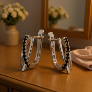 Orecchini a Cerchio in Oro Bianco con Zirconi Geometrici, Placcati in Rodio, Gioielli Trendy da Festa per Donne - Product Image 2