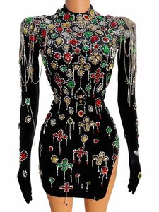 Vintage siyah kadife Rhinestones püskül düğün parti elbise bayanlar sahne dans kostümü kadınlar seksi Bodycon kulübü balo kıyafetleri - Product Image 2
