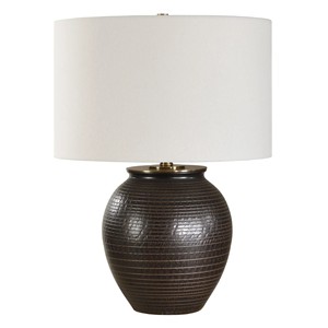 Multi-Tone Striped Ceramic Cylinder Modern Table Lamp | Artisan Rustic Lighting for Resort Hotel & Home - Product Image 4