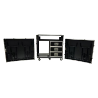 Flight case ODM OEM 14U sur roulettes avec 2 tiroirs pour consoles Allen&Heath QU32 et 2 tables DJ, poignées externes, IP67, roulettes pivotantes et 4 loquets de sécurité