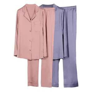 高品质新款热卖2色女装pijama套装长袖缎面时尚丝质睡衣女士