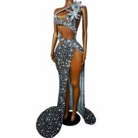 Robe de soirée longue sirène sexy ornée de fleurs et de strass, robe de bal pour femme avec fente haute, idéale pour les concours, banquets et dîners, tenue de soirée