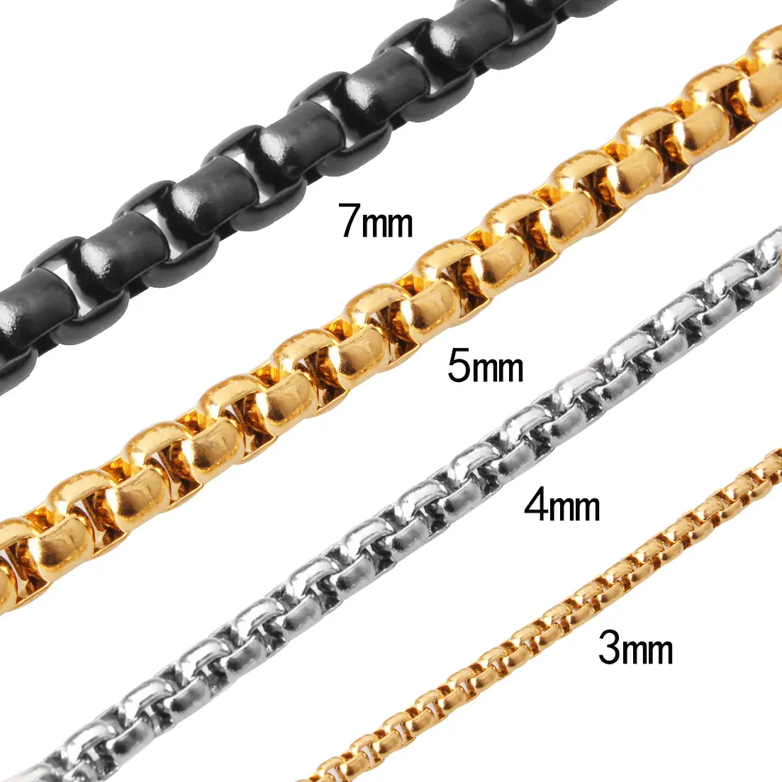 Factory Wholesale 316L Stainless Steel Silver Gold Black Box Link Chain 2/3/4/5/7mm Necklace Accessories