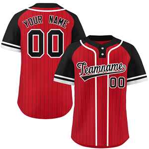 Custom <b>Red</b> <b>Black</b>-White Stripe Fashion Raglan Sleeves Authentic Two-Button Softball Jersey - Product Image 1