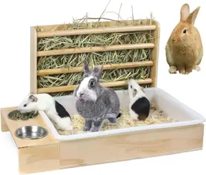 3 in 1 wooden hamster rabbit feeder and drinker rabbit litter box Hay Feeders with Litter Box and Bowls