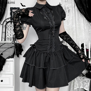 Robe Courte Boutonnée Style Preppy à Manches Courtes Coupe Trapèze, Tenues Décontractées Gothiques avec Nœud et Lacets, Mini-Robes Zippées pour Femmes, Vêtements de Soirée - Product Image 1