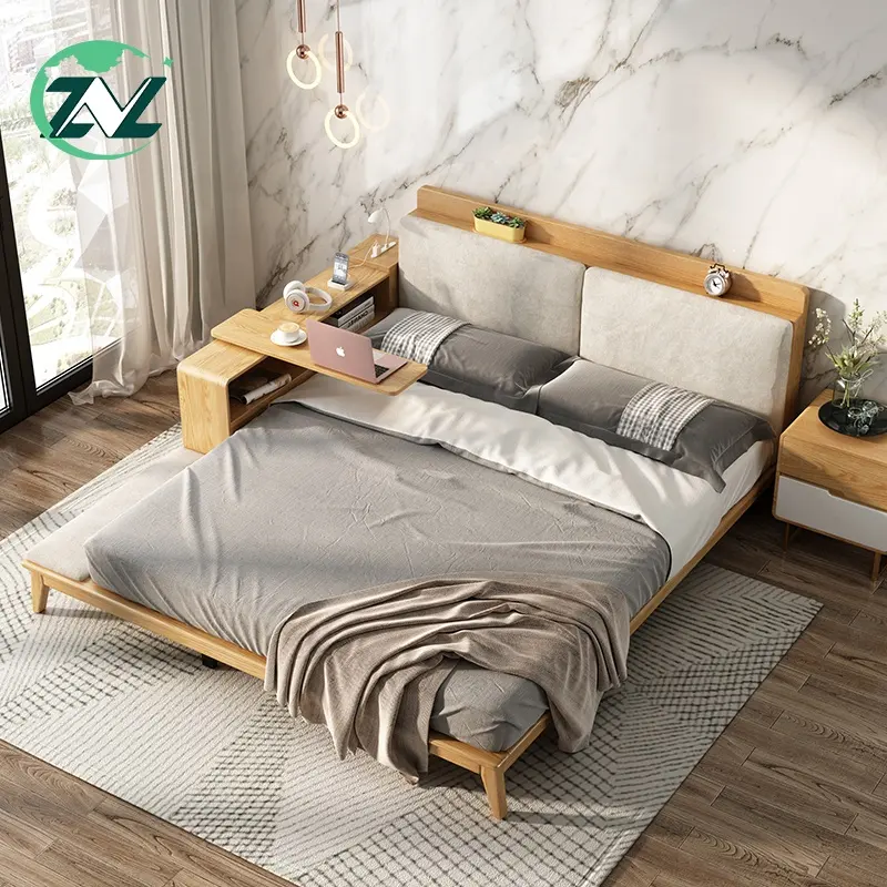 Sleeping Room Wooden Bed With USB Socket Rotatable Solid Wood Bed For Bedroom