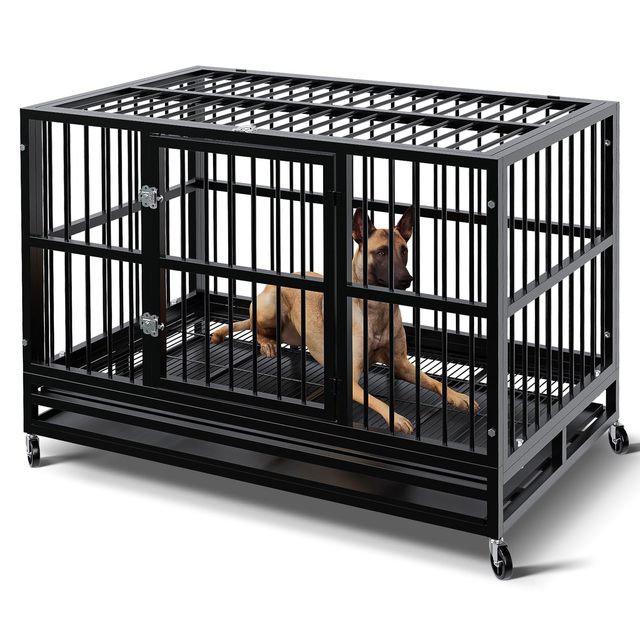 In Stock 48 Inch Stackable Metal Dog Cage House with Sturdy Frame Easy to Move Wheeled Design for Large Dogs (Black)