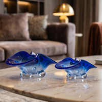 Bol en verre soufflé à la main bleu, décoratif, à bords festonnés, irrégulier, en forme de fleur, de luxe, pour fruits ou bijoux