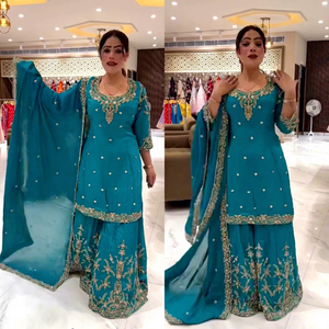 Turquoise Embroidered Woven Chiffon Salwar Kameez Set Faux Georgette <b>Kurta</b> Palazzo Dupatta Thread Work <b>Women</b> Party Outfit - Product Image 3