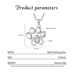 Cute Animal Paw Pendant Necklace 925 Sterling Silver Rhodium Plated Opal Bezel Setting Link Chain Unisex Everyday Wear - Product Image 2
