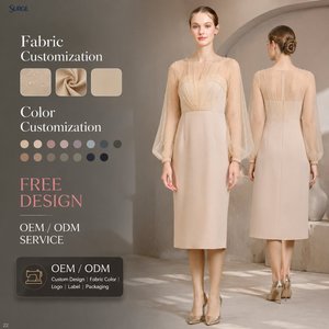Robe Midi Élégante et Décontractée pour Femme en Tissu Polyester Beige Personnalisé avec Fil Argenté, Col Rond, Manches Évêque Transparentes, Plissée Perle et Taille Haute - Product Image 1