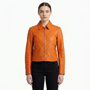Blouson Moto Hiver Coupe-Vent en Cuir Véritable Orange Personnalisé pour Femme, Coupe Slim, Zippé, Style Streetwear, Vente en Gros - Product Image 1