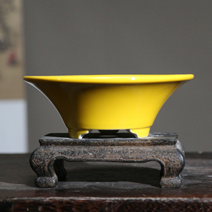 Pot à Bonsaï en Céramique Dudu, Glaçure Jaune, Petite Forme Ronde, Style Chinois Traditionnel - Product Image 1