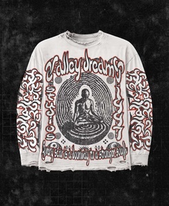 T-shirt tricoté vintage vieilli à manches longues pour homme, imprimé graphique Valley Dreams Bouddha, streetwear, ourlet déchiré, coupe oversize - Product Image 1