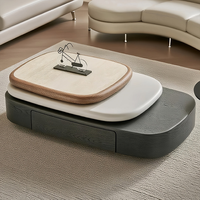 Table basse moderne rotative à 360 degrés avec tiroir, plateau en pierre frittée travertin et base de rangement en placage de bois noir