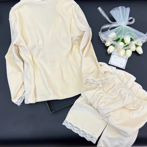 Women's Home Clothes Double-sided Velvet Breathable V-neck Elastic Waist Lace <b>Trim</b> Women's Loungewear Pajamas set - Product Image 2