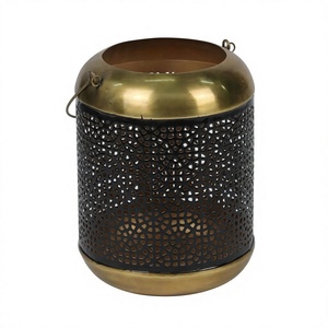 Round Metal Lantern With Perforated Design <b>Brass</b> Top And Base Home Decoration Heat Resistance Customizable Designs Lanterns - Product Image 1