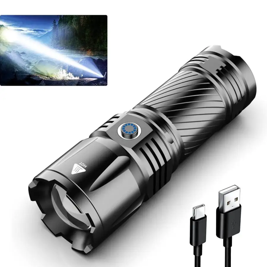 Telescopic Zoom Powerful LED Flashlight Portable Type-C Rechargeable Laser Strong Light Flashlight