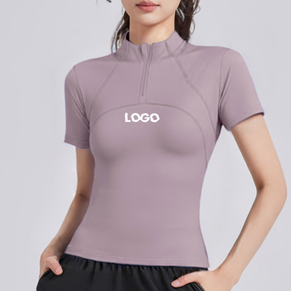 Oem Wholesale Summer Custom Women'S Quick Dry Slim Fit Half Zip Yoga Tennis Tops Short Sleeve Gym T-Shirt With Back Mesh Design