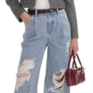 Wholesale Fashion Casual Distressed Women's Jeans Vintage <b>Light</b> <b>Blue</b> Wash Loose Straight Women's Rhinestone Jeans - Product Image 5