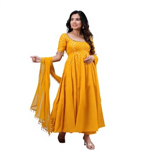 Traje Anarkali de 3 piezas para mujer, de modal, para invierno, estilo tradicional indio, con estampado de lámina amarilla, protección solar, pakistaní, al por mayor - Product Image 1