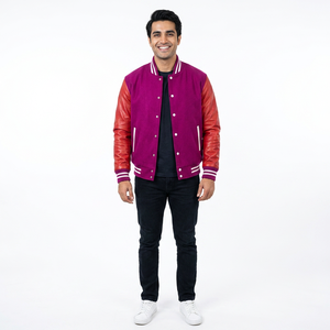 Veste de sport universitaire sur mesure de qualité supérieure, bleu marine, corps en laine, manches en cuir blanc et décorations brodées - Product Image 1