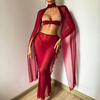 Lencería Sexy de Alta Calidad, Conjunto de Sujetador con Aros, Tanga y Falda Larga de Malla Transparente Roja, Venta al Por Mayor, OEM, Marca Privada, Nueva Moda