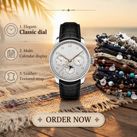 Montre mécanique automatique avec logo personnalisé, affichage de la phase de lune, calendrier, cristal saphir, boîtier rond en acier inoxydable, bracelet en cuir