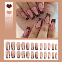 Uñas Postizas Largas Cuadradas Marrones con Corazón Francés y Diamantes de Imitación K011, Estilo INS, Superventas, ABS Premium, Listas para Envío, Venta al por Mayor, Fácil Aplicación