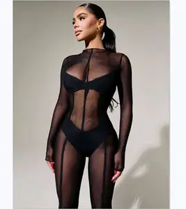 2024 Nieuwe Trendy Vrouwen Bodysuits Stretch Black Mesh Eendelige Playsuits Dames Mesh Mode Sexy Doorzichtig Rompertjes Voor Vrouwen