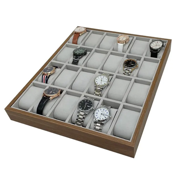 Instock Wholesale Boutique 24 Slots Watch Display Counter Box Walnut Wood Luxury Watch Display Tray For Retail Store