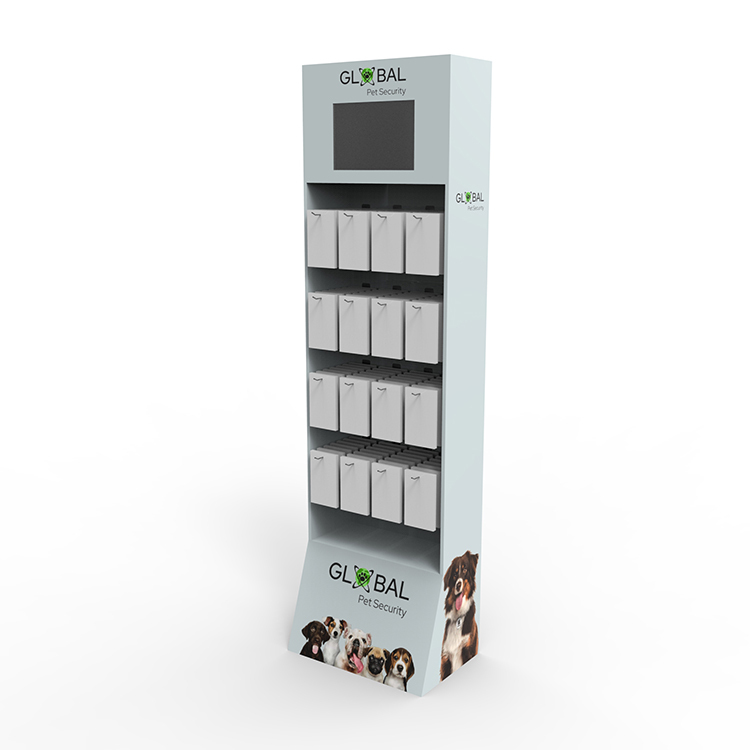 Customized Pet Store Cardboard Display Stand Case Pegboard Display Rack With LCD Screen