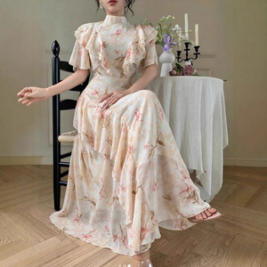 Vestido Largo de Noche de Gasa con Estampado Floral y Hombros Descubiertos, Cintura Imperio, Cremallera Frontal, Transpirable, Moda Primavera Verano - Product Image 4