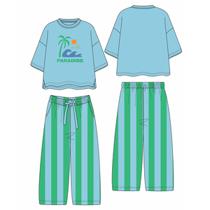 Ensemble de vêtements pour enfants et bébés, t-shirt court à rayures verticales décontracté et <span class=keywords><strong>pantalon</strong></span> large à jambes larges, pour les vacances à la plage - Product Image 2