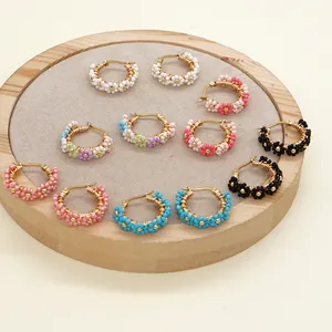 Go2boho New In Summer woman Jewelry Daisy Beaded Handmade Hoop Earrings 316L Stainless Steel Earing Jewellery Fashion Gift