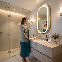 Espejo de Baño LED Ovalado para Proyectos Hoteleros, Marco de Metal Dorado, Retroiluminado, Antivaho, Táctil Inteligente, Regulable, Tamaño Personalizado, OEM, ODM