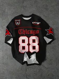 Youth Chicago 88 Logo Casual Print T-Shirt-Red &amp; Black Jersey-Style Tee with for Logo <strong>Star</strong> <strong>Design</strong> Durable - Product Image 2