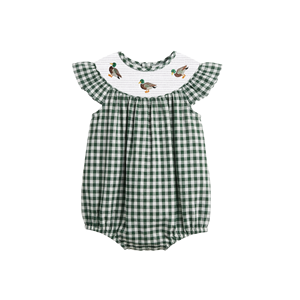Puresun Summer Smocked Customized <strong>Baby</strong> Bodysuit Plaid Print Children's Clothing Duck Embroidery 100% Cotton Girls Rompers - Product Image 2