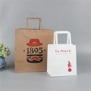 Custom design your own logo flat handle restaurant delivery take out packaging carry brown kraft takeaway food paper bag