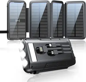 Cargador de 4 dispositivos, pantalla LCD, 10W, Qi, inalámbrico, carga rápida, Banco de energía Solar de 30000Mah, Panel Solar integrado