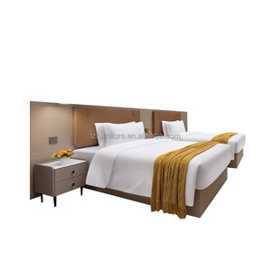 Hotel Room Furniture Set Wooden <b>Base</b> Twin <b>Single</b> <b>Beds</b> with Upholstered Headboard Panel Nightstand for Budget Hotel Project FF&E - Product Image 1