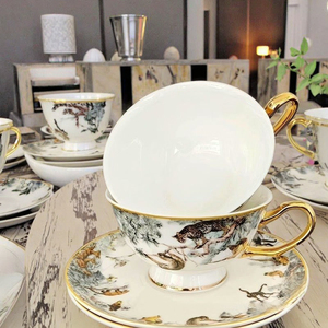 Wholesale Luxury White Gold Porcelain 10-Inch Plates Bone China Dinnerware Sets Cup Kit Gold Inlay Pattern Leak-Proof Dishwasher - Product Image 5