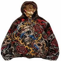 Sweat à capuche zippé intégral personnalisé OEM pour homme, motif tête de mort et rose, coupe oversize, streetwear, sweat-shirt graphique épais