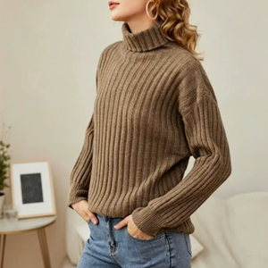 Pull col roulé rouge pour femme, manches lanternes, tricot côtelé épais en acrylique, hiver, décontracté, couleur unie, manches longues - Product Image 6