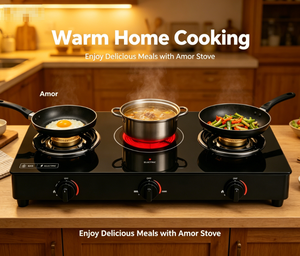 Estufa Híbrida Amor de 3 Quemadores, 2 de Gas + 1 Infrarrojos, Vidrio Templado Negro, Soportes de Hierro Fundido, Compatible con GLP/GN para Cocina Moderna - Product Image 1