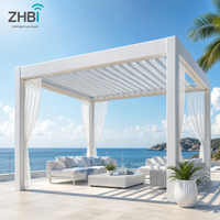 Pergola en aluminium blanc à lames orientables avec portes coulissantes en verre, véranda extérieure pour piscine, villa, jardin, espace lounge