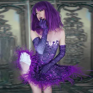 Designer Paarse Mouwloze Strass Veer Podiumkleding Danseres Singer Party Tutu Mini Dress Vrouwen Club Prom Dress
