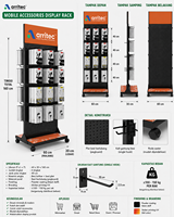 Présentoir mobile double face en métal perforé sur roulettes pour accessoires téléphoniques, personnalisable OEM/ODM, avec crochets pour magasin de téléphonie mobile