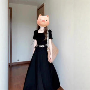 Vestido Largo Estilo Francés Color Gris Claro para Mujer, Cuello Cuadrado, Color Sólido, Uso Diario Informal, Transpirable, Cintura Natural, Poliéster - Product Image 3